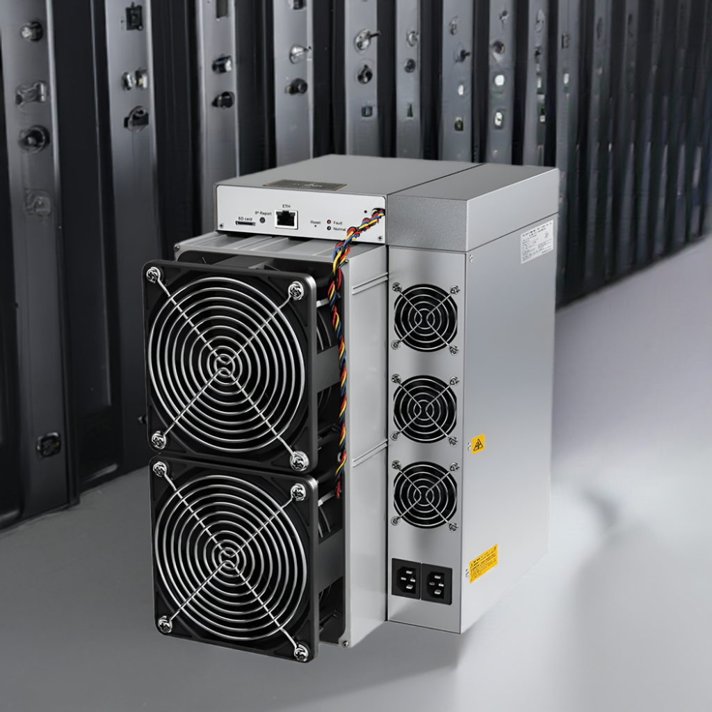 Antminer S21 miner with dual fans, mining at 200 TH/s, connected to a mining farm.