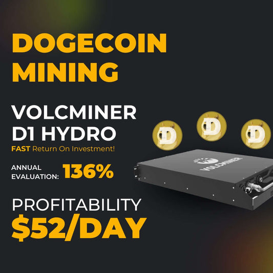 Volcminer D1 Hydro ASIC miner for Dogecoin mining, highlighting profitability of $52/day and 136% annual evaluation.