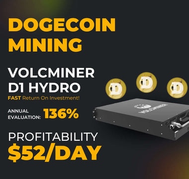 Volcminer D1 Hydro ASIC miner for Dogecoin mining, highlighting profitability of $52/day and 136% annual evaluation.