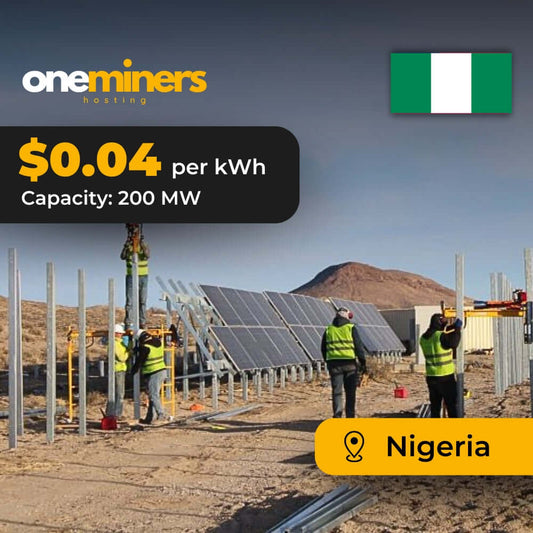 Workers setting up a solar farm in Nigeria for OneMiners' 200 MW crypto mining facility at $0.04/kWh.