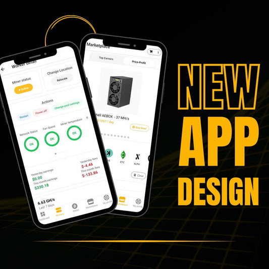 Two smartphones displaying the new app design with improved features and user interface for cryptocurrency mining.