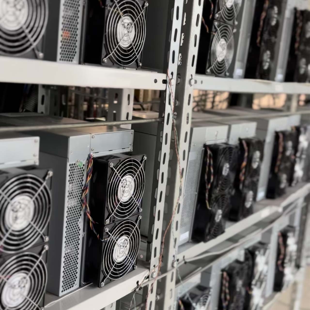 ASIC crypto miners neatly arranged on shelves at OneMiners hosting facility in Czech Republic.