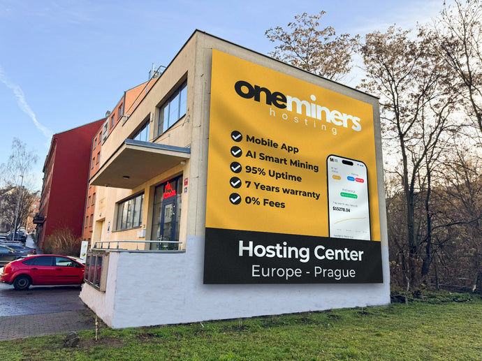 OneMiners hosting center billboard in Prague showcasing mobile app, AI smart mining, 95% uptime, 7 years warranty, and 0% fees.