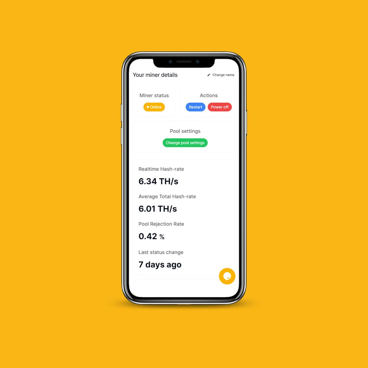 OneMiners mobile app displayed on a smartphone showing miner details, hash rate, and pool settings on a yellow background.